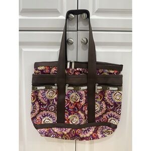 LeSportsac Tote Bag Large Travel Purse Floral Brown Red Multicolor 16"x14"